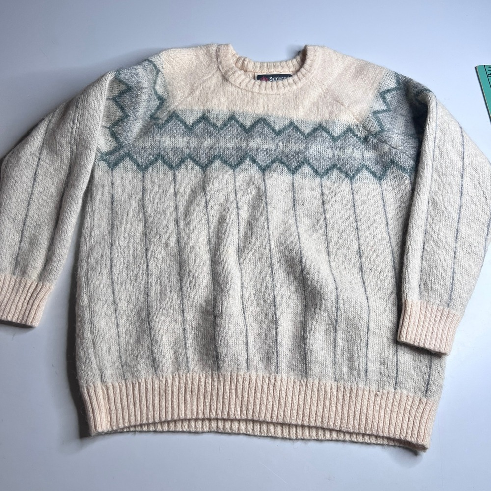 Samband of Iceland Vintage 100% Wool Fair Isle Sweater Mens XL Cream Grey‎ Blue